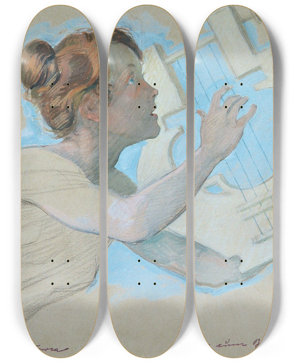 Triptych art skateboard deck of Josef Wawra Studie Zum Bild Feen by Josef Wawra (1893-1935)