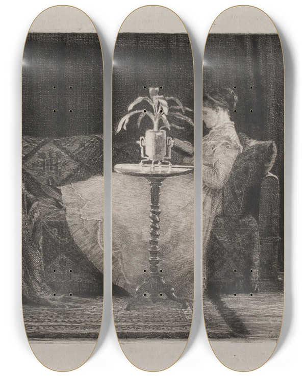 Triptych art skateboard deck of Carl Bloch Reading Lady by Carl Bloch (1834-1890)