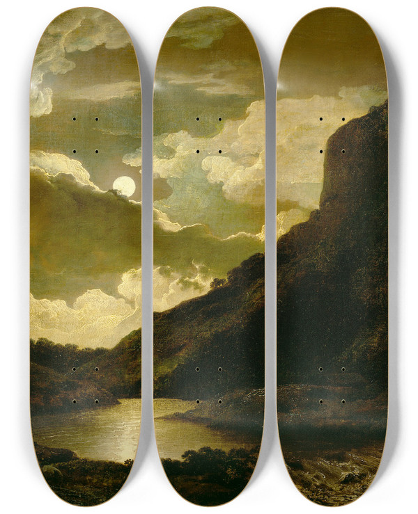 Triptych art skateboard deck of Joseph Wright Of Derby Matlock Tor By Moonlight_2 by Joseph Wright Of Derby (1734-1797)