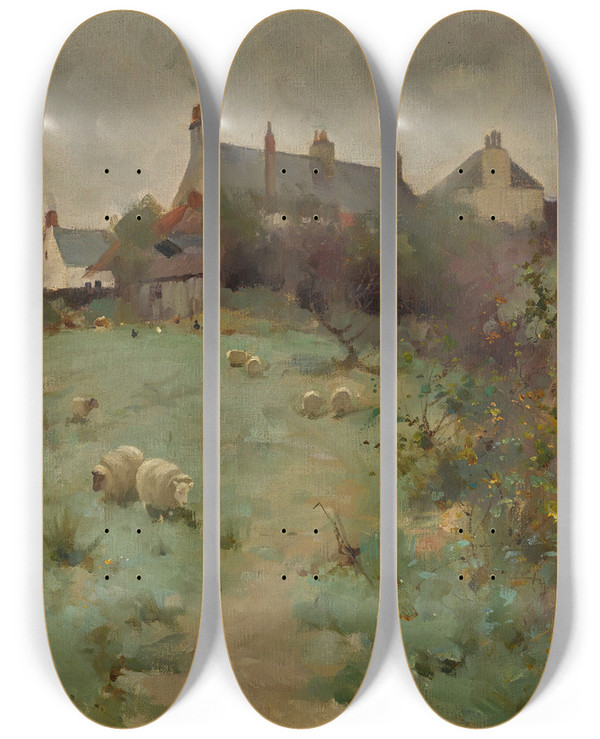 Triptych art skateboard deck of Robert Russell Macnee Farmyard With Sheep Grazing by Robert Russell Macnee (1880-1952)