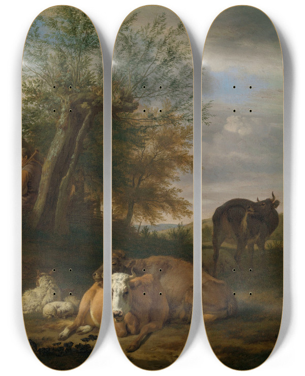 Triptych art skateboard deck of Adriaen Van De Velde Piper by Adriaen van de Velde (1636-1672)