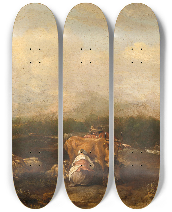 Triptych art skateboard deck of Nicolaes Van Helt Stockade Italian Landscape With Cattle by Nicolaes Van Helt Stockade (1614-1669)
