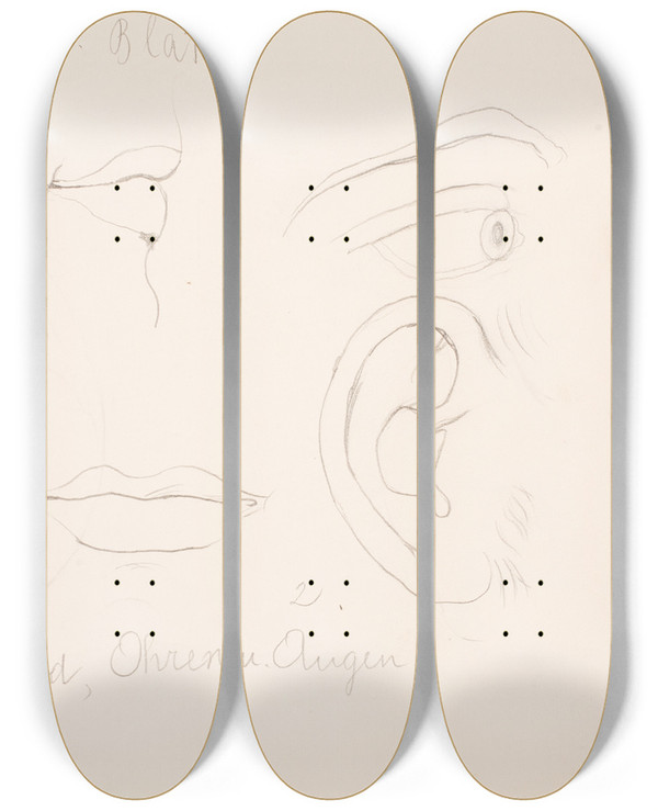 Triptych art skateboard deck of Erasmus Von Engert Sketchbook Drawings Pl11 by Erasmus Von Engert (1796-1871)