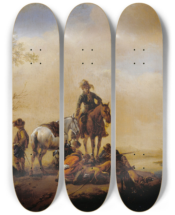 Triptych art skateboard deck of Philips Wouwerman Halt Of Sportsmen by Philips Wouwerman (1619-1668)