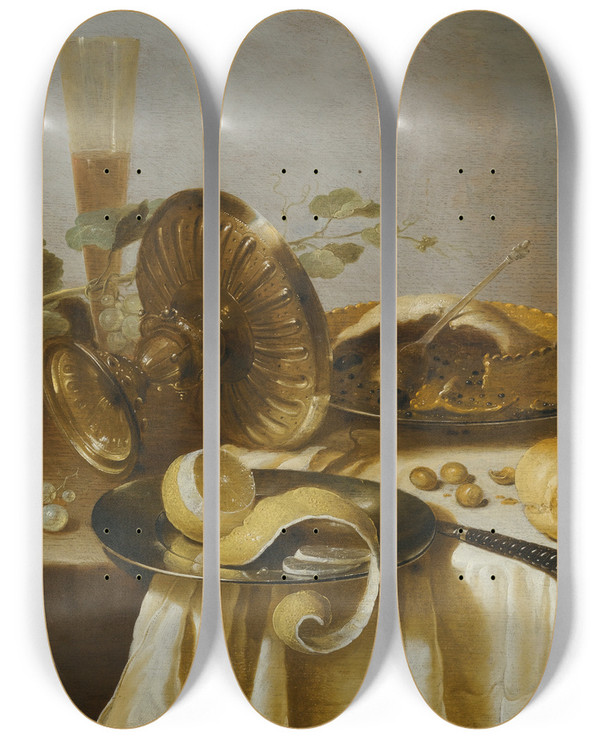 Triptych art skateboard deck of Adriaen Jansz Kraen Still Life With A Pie A Halfpeeled Lemon Bread Hazelnuts Grapes A Glass And An Overturned Tazza Ona Table by Adriaen Jansz Kraen (1619-1679)