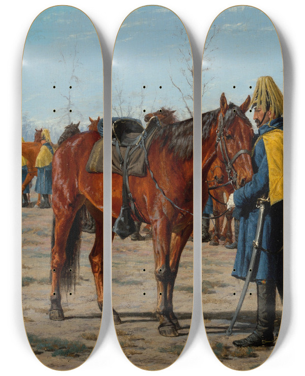 Triptych art skateboard deck of William Thomas Trego Us Calvary Preparing To Ride by William Thomas Trego (1858-1909)