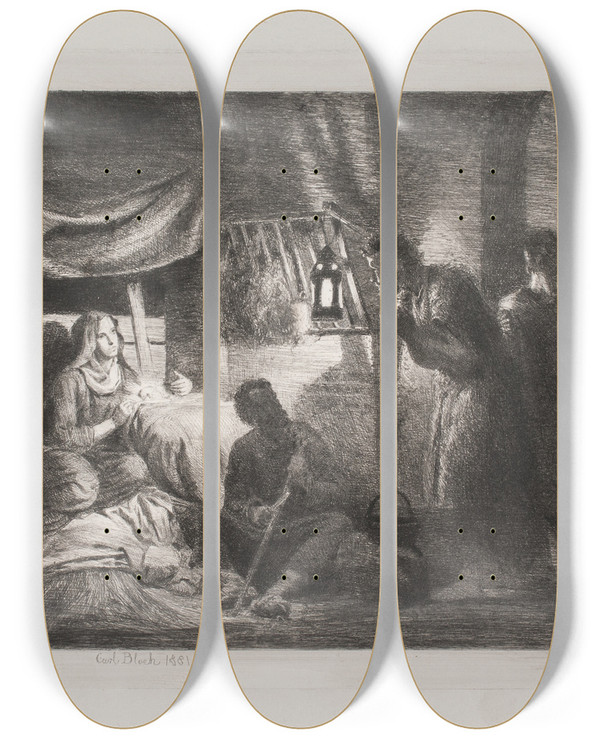 Triptych art skateboard deck of Carl Bloch The Worship Of The Shepherds by Carl Bloch (1834-1890)