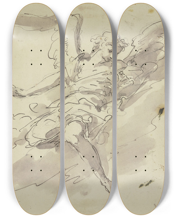Triptych art skateboard deck of Gaspare Diziani Angel On A Cloud by Gaspare Diziani (1689-1767)