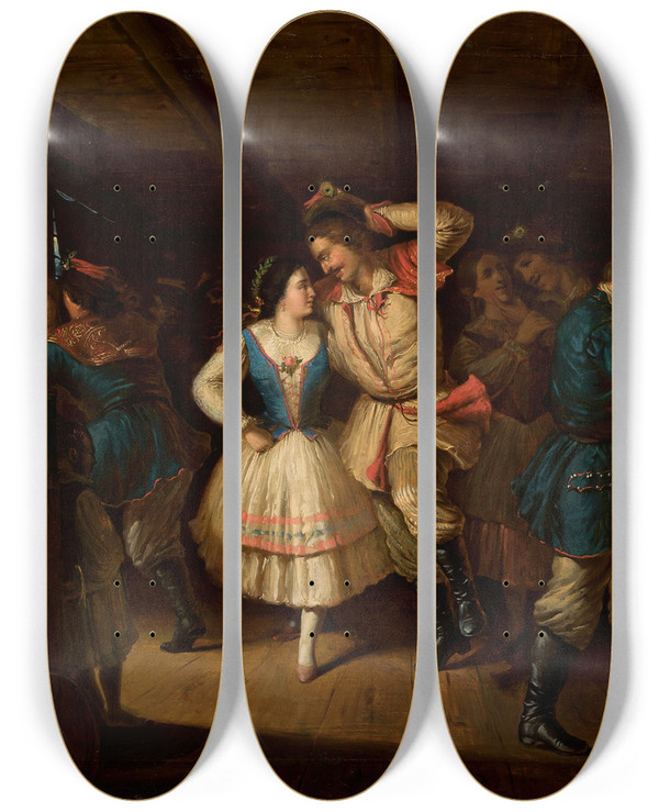 Triptych art skateboard deck of Wadysaw Bakaowicz Krakw Region Folk Dance In A Tavern by Wladyslaw Bakalowicz (1831-1904)