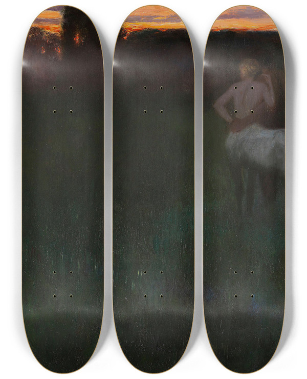 Triptych art skateboard deck of Franz Von Stuck Sunset by Franz Von Stuck (1863-1928)