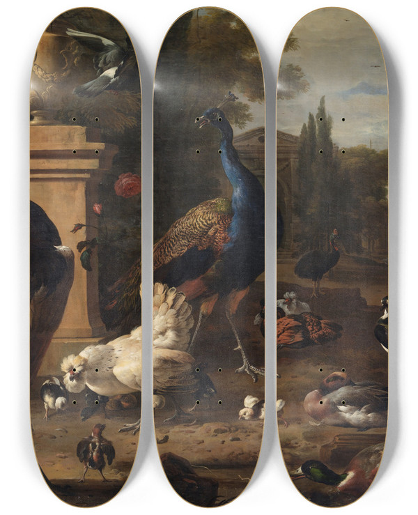 Triptych art skateboard deck of Melchior Dhondecoeter Hen Run At A Manor by Melchior d'Hondecoeter (1636-1695)