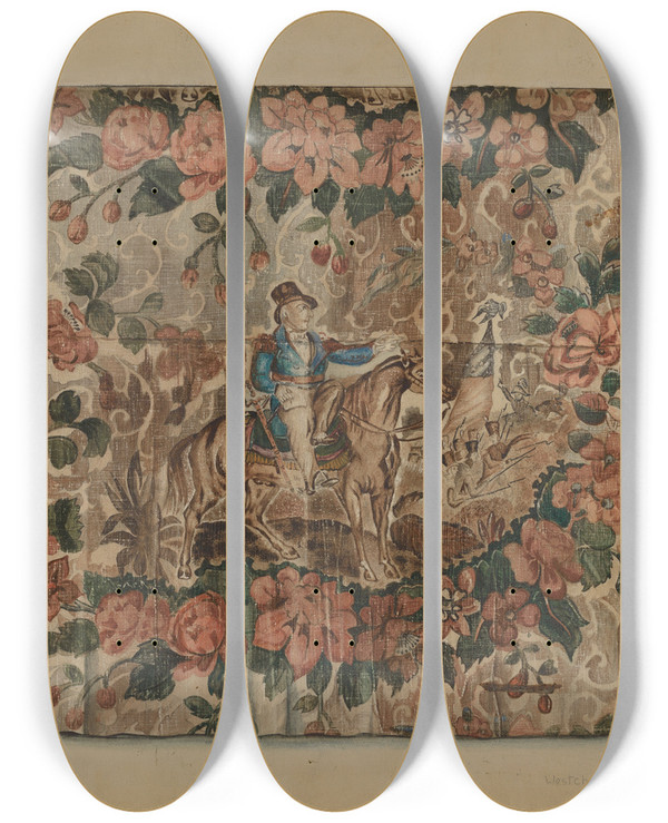 Triptych art skateboard deck of Howard Lumbard Chintz Square by Howard Lumbard
