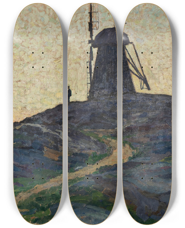 Triptych art skateboard deck of Carl Wilhelmson The Windmill by Carl Wilhelmson (1866-1928)
