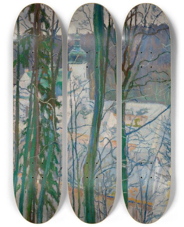 Triptych art skateboard deck of Stanisaw Kamocki View Over The Monastery In Czerna by Stanislaw Kamocki (1875-1944)