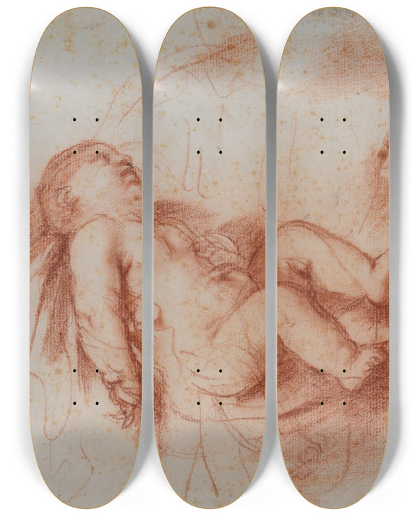 Triptych art skateboard deck of Guercino Study Of The Infant Christ Child Held By Saint Simeon by Guercino (1591-1666)