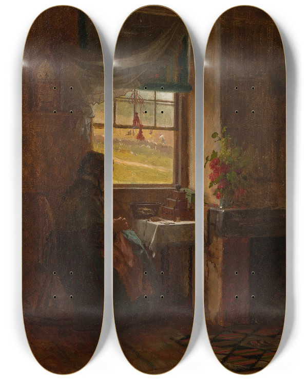 Triptych art skateboard deck of Eastman Johnson Interior Of A Farmhouse In Maine by Eastman Johnson (1824-1906)