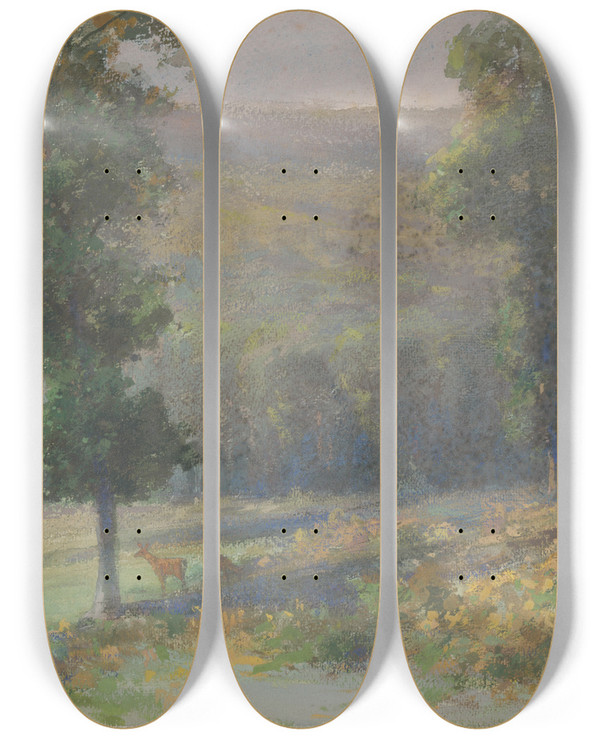 Triptych art skateboard deck of Udovt Ordk A Grove With Deer by udovt ordk (1865-1937)