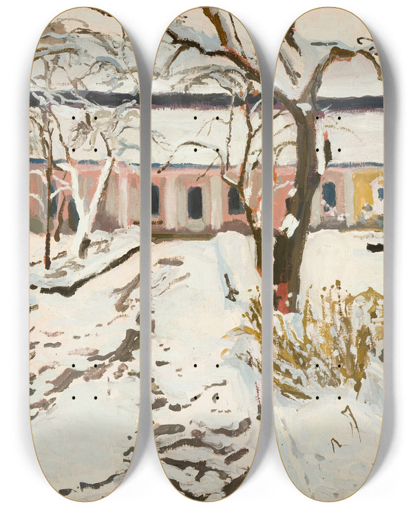 Triptych art skateboard deck of Stanisaw Kamocki Manorhouse At Modlnica In Winter by Stanislaw Kamocki (1875-1944)