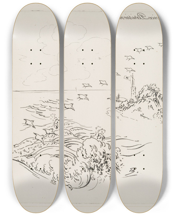 Triptych art skateboard deck of Flix Bracquemond Le Smaphore_1 by Felix Bracquemond (1833-1914)
