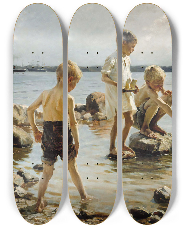 Triptych art skateboard deck of Albert Edelfelt Boys Playing On The Shore Children Playing On The Shore by Albert Edelfelt (1854-1905)