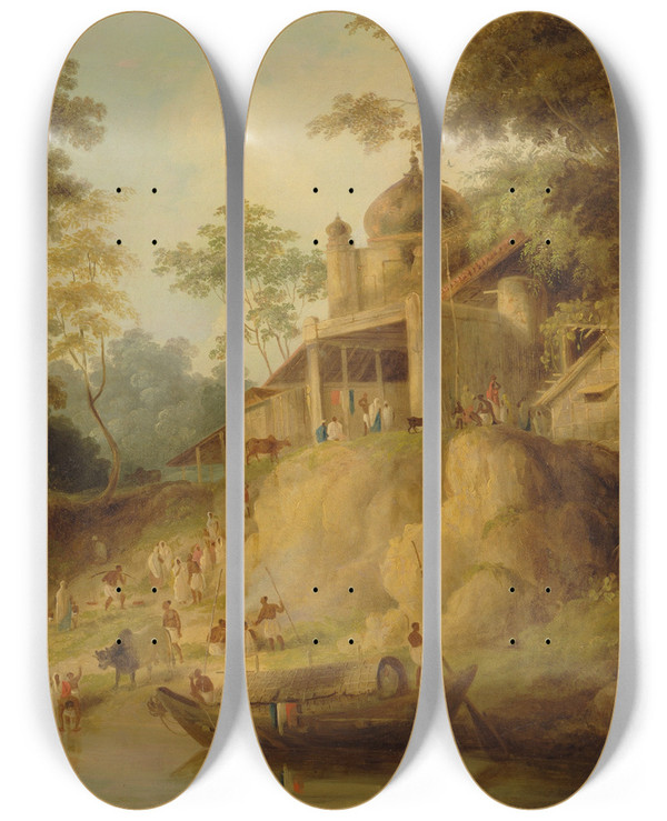 Triptych art skateboard deck of William Daniell The Banks Of The Ganges by William Daniell (1769-1837)