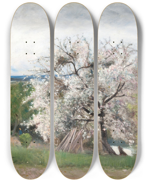Triptych art skateboard deck of Carl Fredrik Hill Fruit Tree In Blossom Boisleroi by Carl Fredrik Hill (1849-1911)