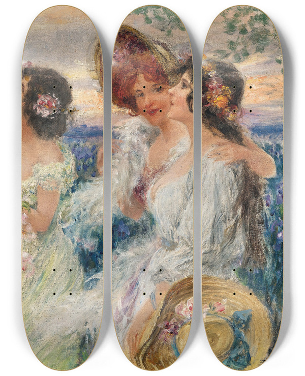 Triptych art skateboard deck of Emil Czech Springtime Three Ladies Before A Field Of Lilies by Emil Czech (1862-1929)