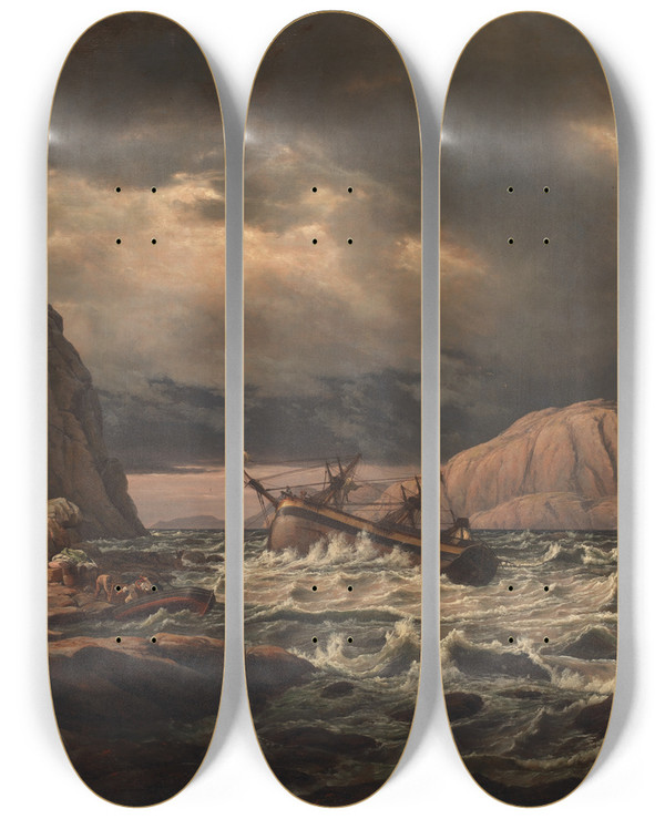 Triptych art skateboard deck of Johan Christian Dahl A Shipwreck On The Coast Of Norway by Johan Christian Dahl (1788-1857)