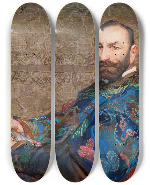 Triptych art skateboard deck of Leon Wyczkowski Portret Feliksa Jasieskiego W Bkitnym Kaftanie by Leon Wyczolkowski (1852-1936)
