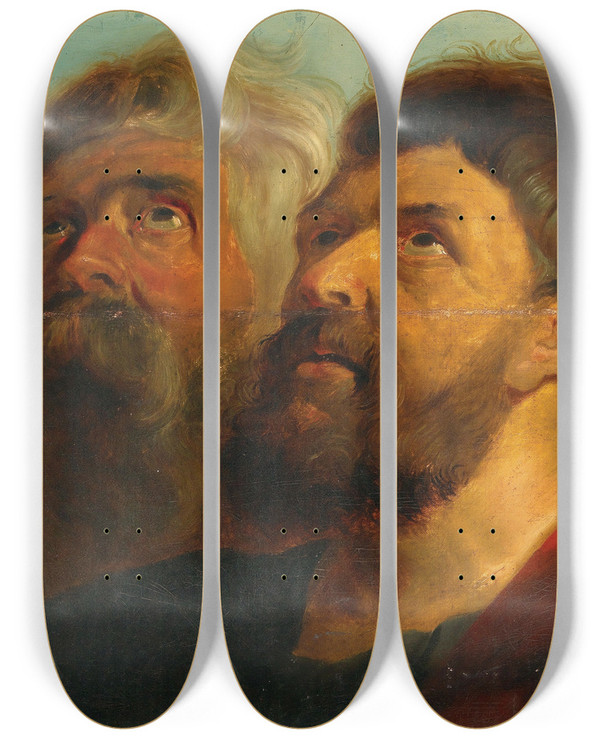 Triptych art skateboard deck of Follower Of Peter Paul Rubens Two Male Heads by Follower Of Peter Paul Rubens (1577-1640)