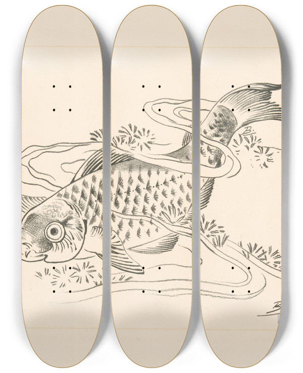 Triptych art skateboard deck of Flix Bracquemond Poisson Dans Une Vague by Felix Bracquemond (1833-1914)