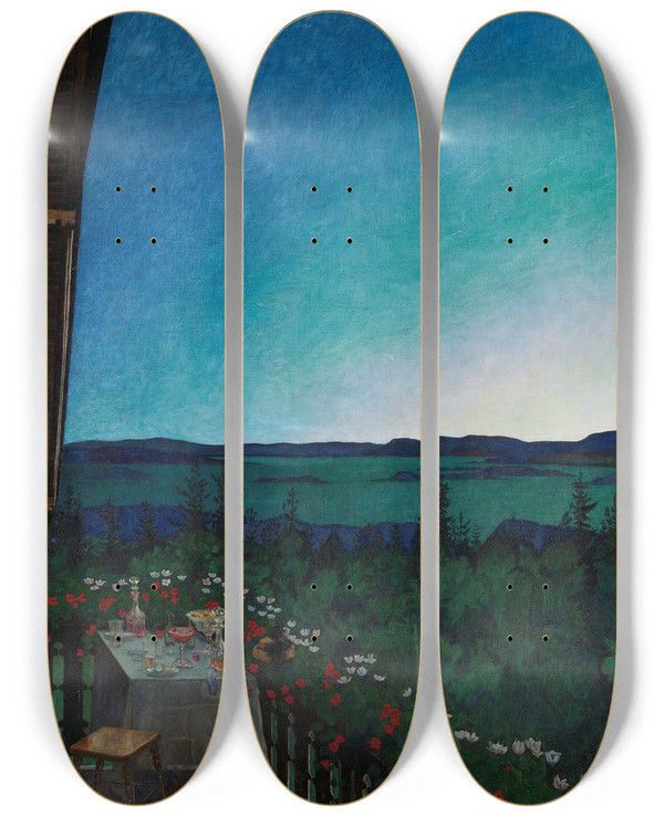 Triptych art skateboard deck of Harald Sohlberg Summer Night_2 by Harald Sohlberg (1877-1935)