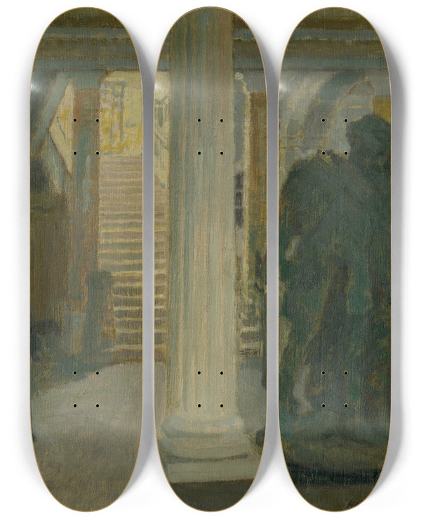 Triptych art skateboard deck of Elemr Halszhradil The Vestibule Of The Koice Museum by Elemir Halasz Hradil (1873-1948)