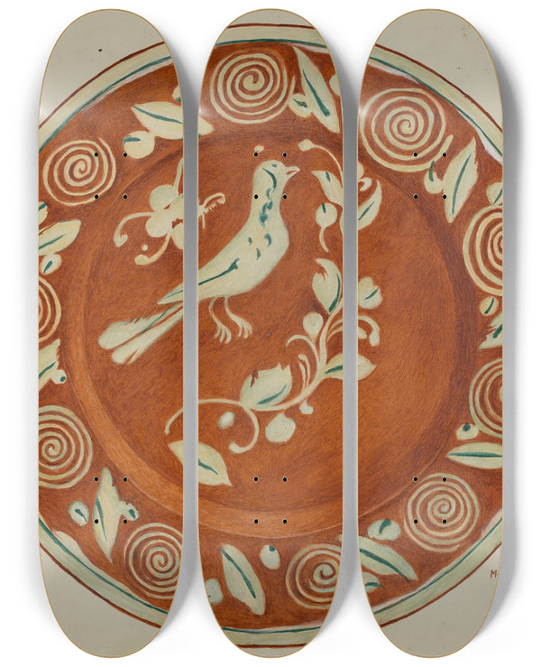 Triptych art skateboard deck of Margaret Stottlemeyer Pa German Dish by Margaret Stottlemeyer