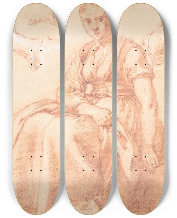Triptych art skateboard deck of Abraham Bloemaert Study Of A Seated Woman And Five Studies Of Hands by Abraham Bloemaert (1564-1651)