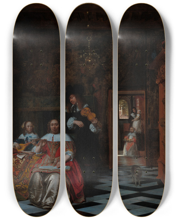 Triptych art skateboard deck of Pieter De Hooch Portrait Of A Family Playing Music by Pieter De Hooch (1629-1684)