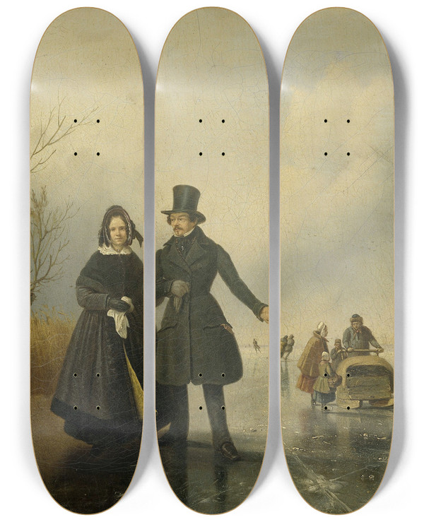 Triptych art skateboard deck of Jacobus Srensen Portrait Of Mr And Mrs Thijssen On The Ice by Jacobus Sorensen (1812-1857)