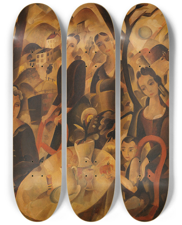 Triptych art skateboard deck of Joseph Klschbach Tee Im Garten by Joseph Kolschbach (1892-1947)