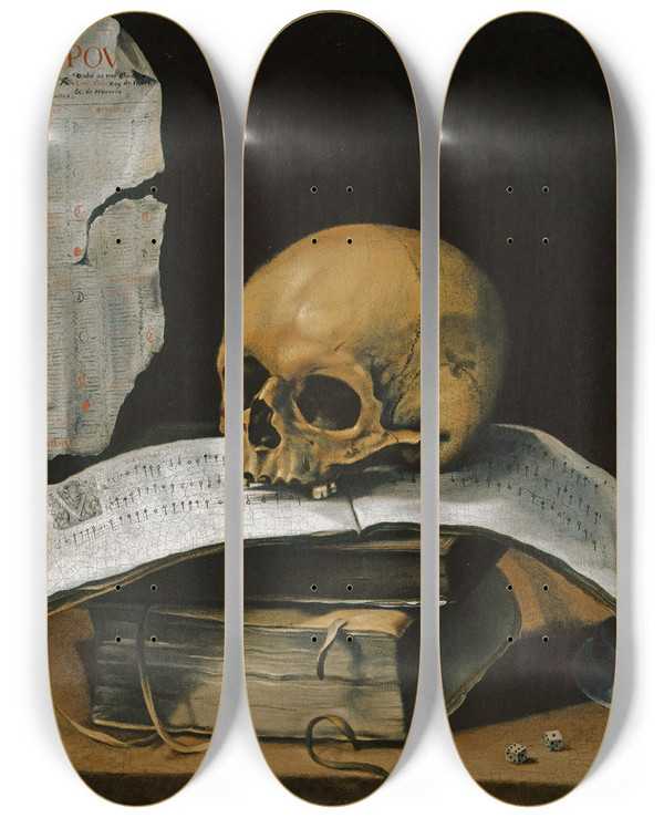 Triptych art skateboard deck of Sebastian Stoskopff Vanitas Still Life With Skull by Sebastian Stoskopff (1597-1657)
