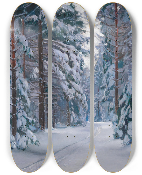 Triptych art skateboard deck of Stanislaw Zukowski Verschneiter Waldweg by Stanislaw Zukowski (1873-1944)