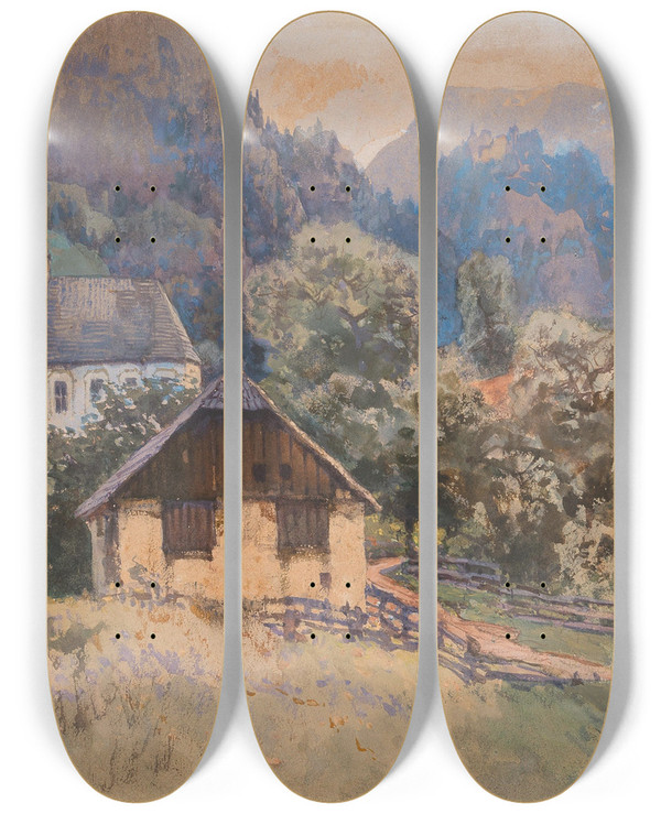 Triptych art skateboard deck of Fritz Lach A Small Church And A Shed In Johnsbach Gesuse Mountains by Fritz Lach (1868-1933)