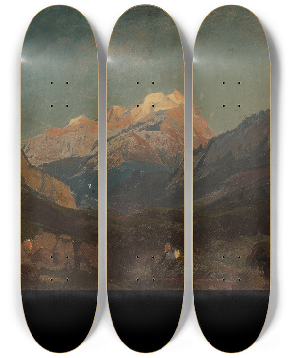 Triptych art skateboard deck of Johann Wilhelm Schirmer Schweizer Gebirgslandschaft Mit Kapelle Und Fernem Schneegipfel by Johann Wilhelm Schirmer (1807-1863)