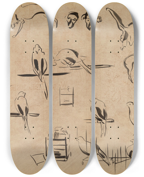 Triptych art skateboard deck of Rik Wouters Study Of Birds by Rik Wouters (1882-1916)