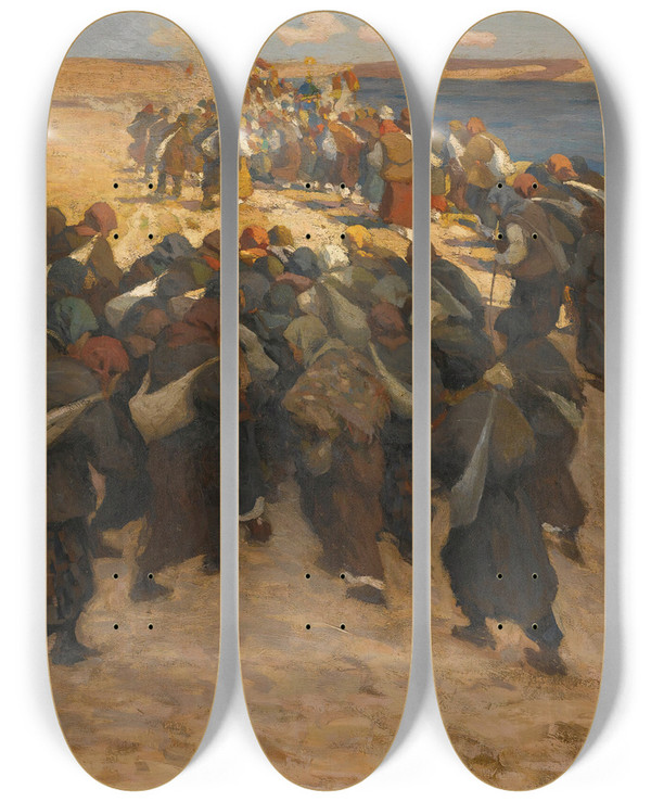 Triptych art skateboard deck of Viktor Ivanovich Zarubin Crowd Of Pilgrims by Viktor Ivanovich Zarubin (1866-1928)