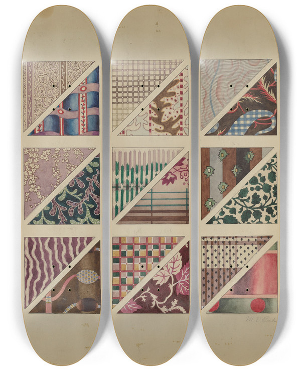 Triptych art skateboard deck of Martha Reed Printed Delaines by Martha Reed