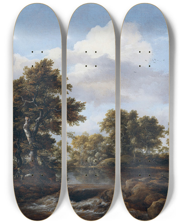 Triptych art skateboard deck of Jacob Van Ruisdael Wooded Landscape With A Stream by Jacob Van Ruisdael (1628-1682)