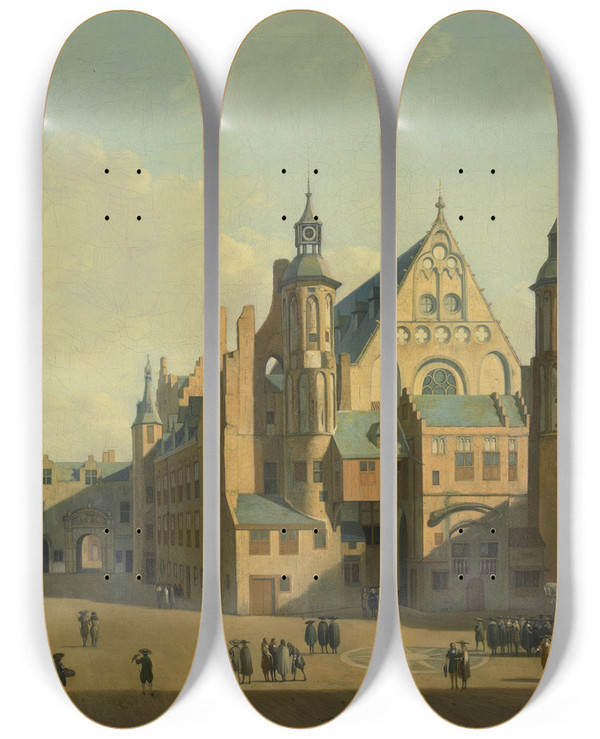 Triptych art skateboard deck of Gerrit Adriaensz Berckheyde The Courtyard Of The Binnenhof With The Ridderzaal The Hague by Gerrit Adriaensz Berckheyde (1638-1698)
