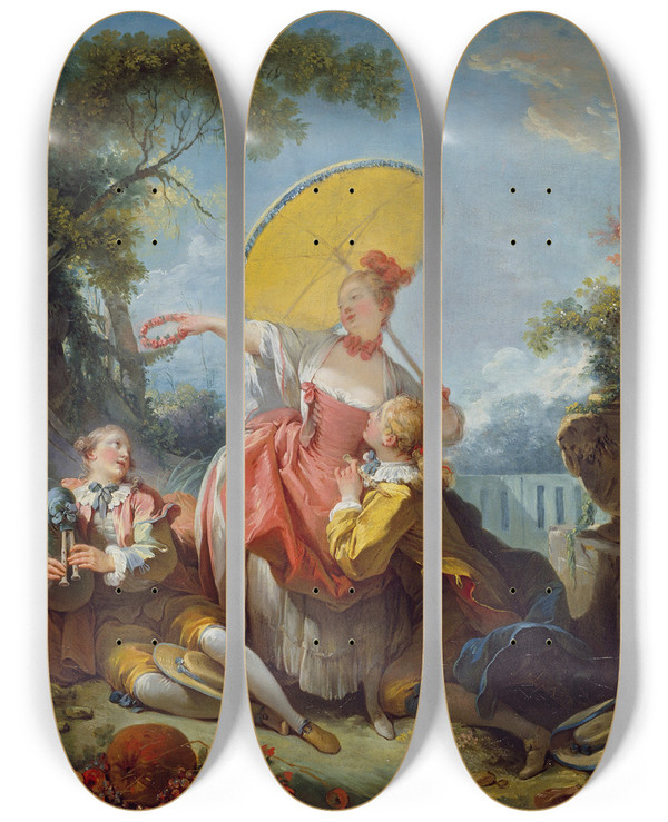 Triptych art skateboard deck of Jeanhonor Fragonard The Musical Contest by Jean-Honor Fragonard (1732-1806)