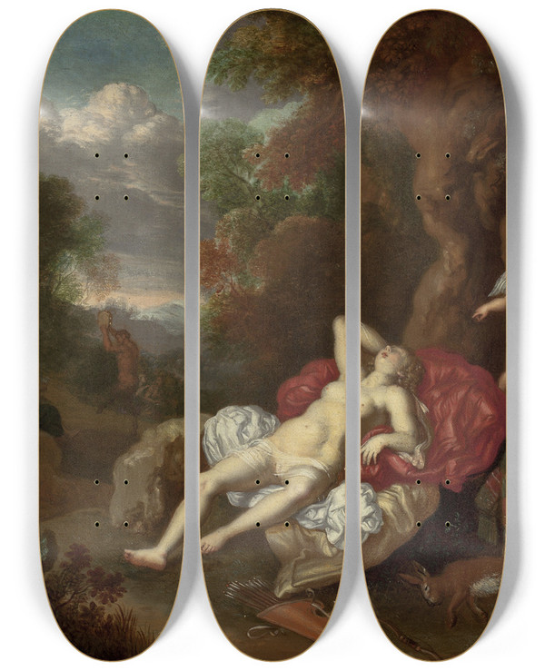 Triptych art skateboard deck of Willem Van Mieris Sleeping Venus by Willem Van Mieris (1662-1747)