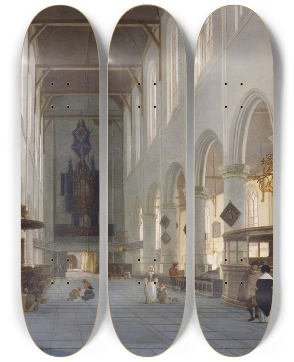 Triptych art skateboard deck of Hendrick Cornelisz Van Vliet The Interior Of The Oude Kerk In Delft by Hendrick Cornelisz. van Vliet (1611-1675)